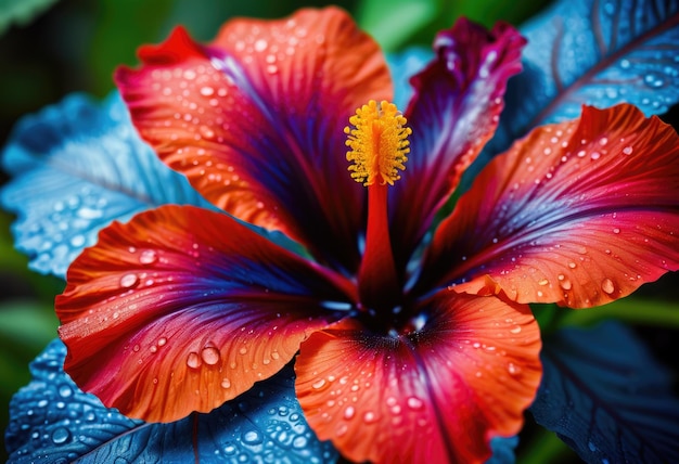 una flor roja y azul con gotas de agua