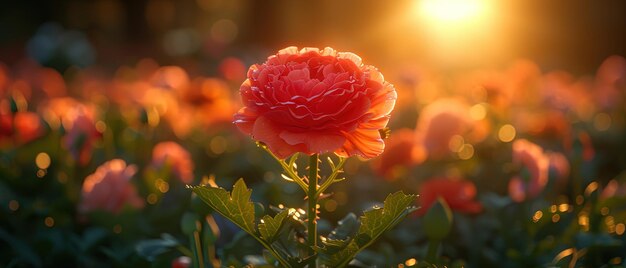 una flor roja en un campo de flores con la puesta del sol