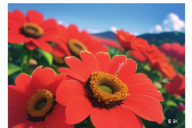 Una flor roja en un campo de flores.