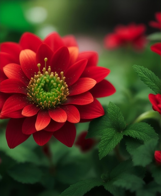 una flor roja con capullos verdes y un fondo verde