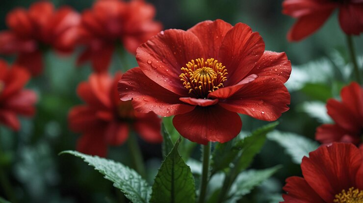 una flor roja con el centro amarillo es el centro de la flor