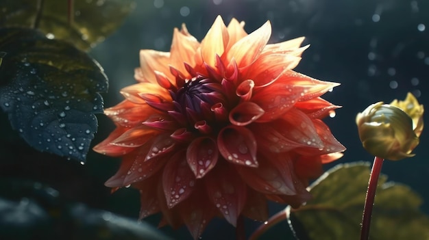 Una flor roja con un centro morado y una hoja verde en el fondo.