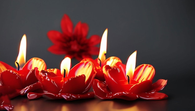 Una flor roja está en el fondo de las velas.