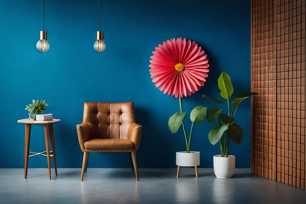 una flor roja está en la pared al lado de una silla y una planta con una flor roja.