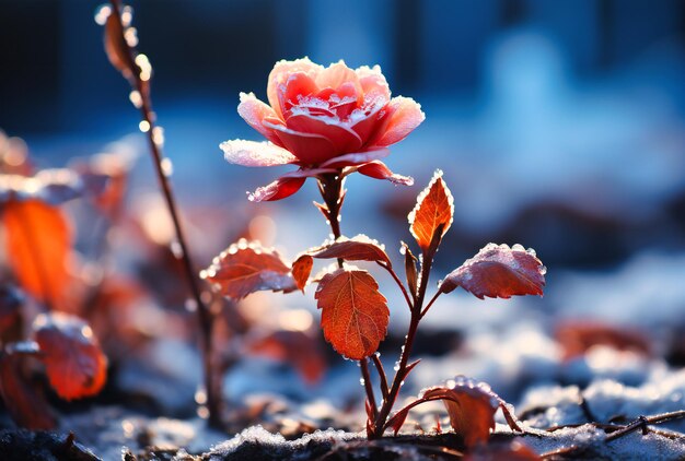 una flor roja fría en la nieve