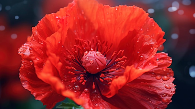 una flor roja con gotas de agua en ella