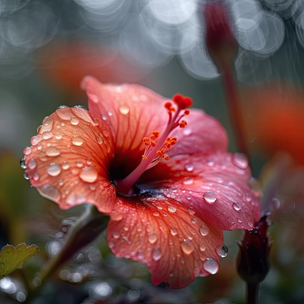 Una flor roja con gotas de agua