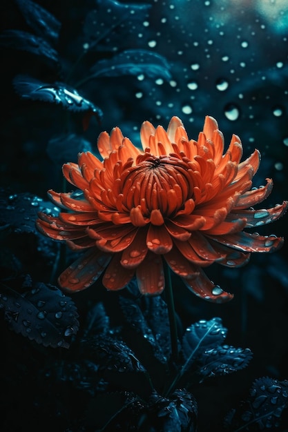 Una flor roja con gotas de agua