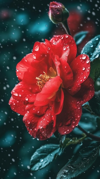 Una flor roja con gotas de agua