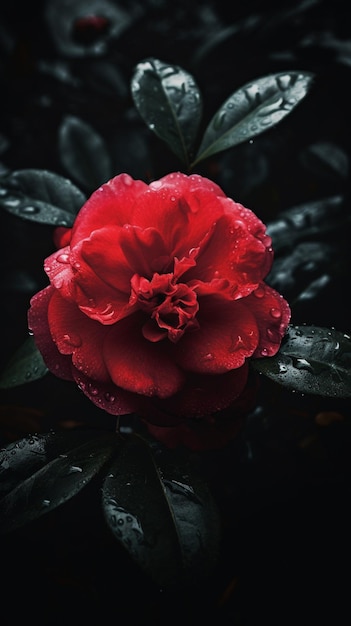 Una flor roja con gotas de lluvia