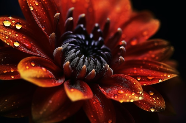 Una flor roja con gotitas de agua