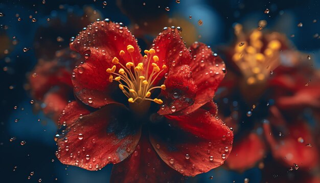 Una flor roja con gotitas de agua