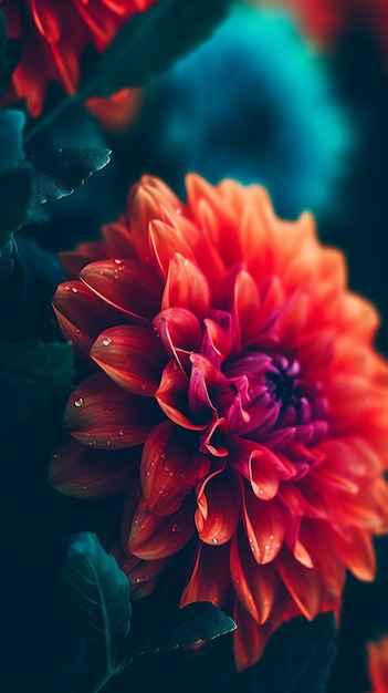 Una flor roja con gotitas de agua