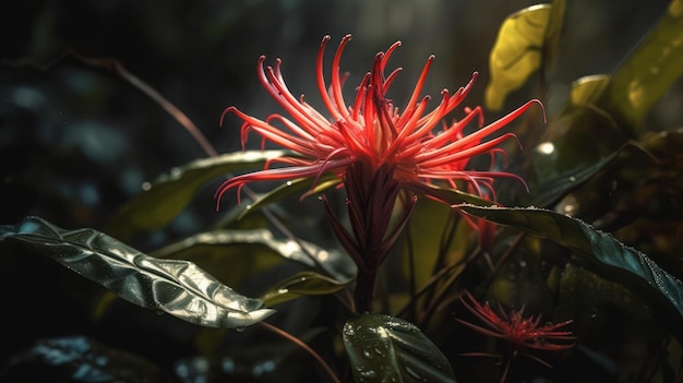 Una flor roja con una hoja verde en el fondo