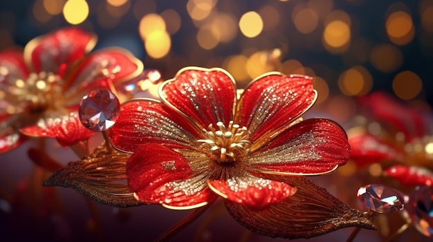 Una flor roja con hojas doradas y flores rojas.