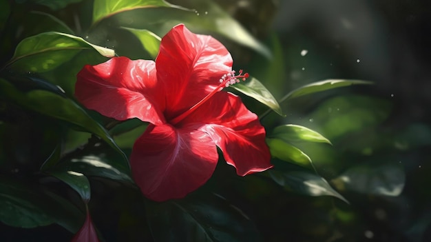 Una flor roja con hojas verdes y la palabra hibisco en ella