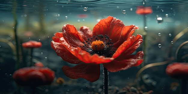 flor roja intermediaria bajo el agua ai generativo