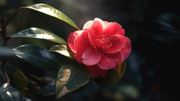 Una flor roja con mucho rocío.