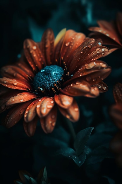 Una flor roja oscura con gotas de agua