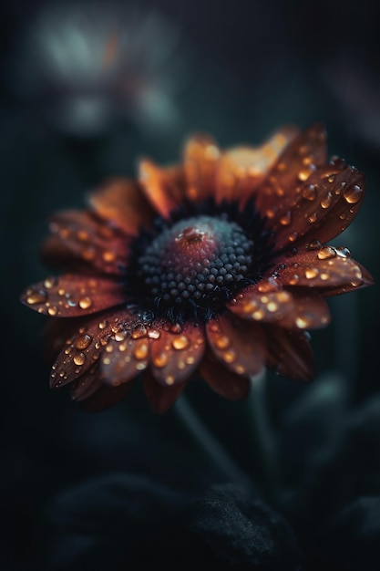 Una flor roja oscura con gotas de agua