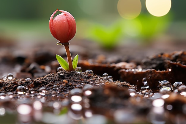 una flor roja que crece en el suelo con gotas de agua sobre ella