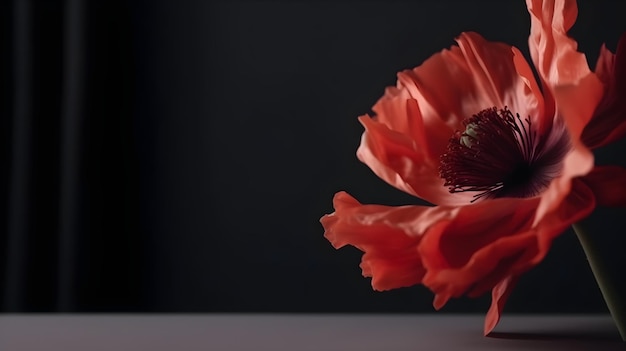 Foto una flor roja se sienta en una mesa frente a un fondo negro.