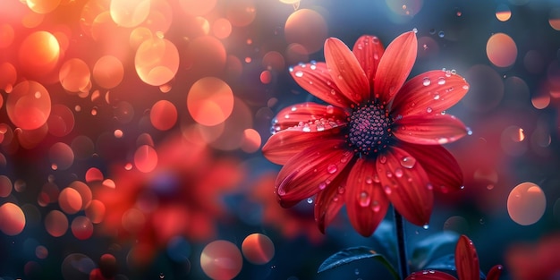 Una flor roja solitaria brilla con el rocío de la mañana contra un fondo suave de luz dorada y bokeh que captura la belleza serena de la naturaleza