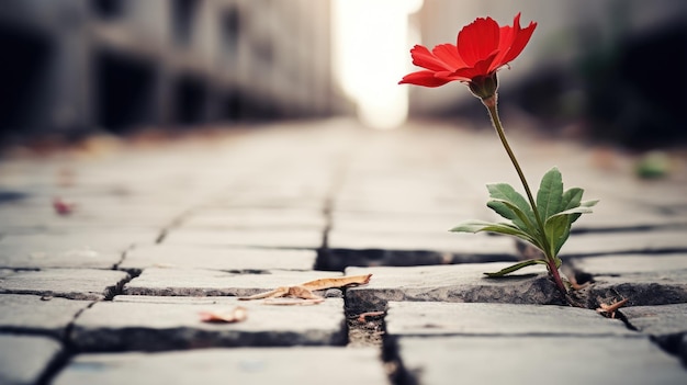 Una flor roja solitaria crece de una grieta en el camino de asfalto Fondo neutro borroso Lugar para el texto