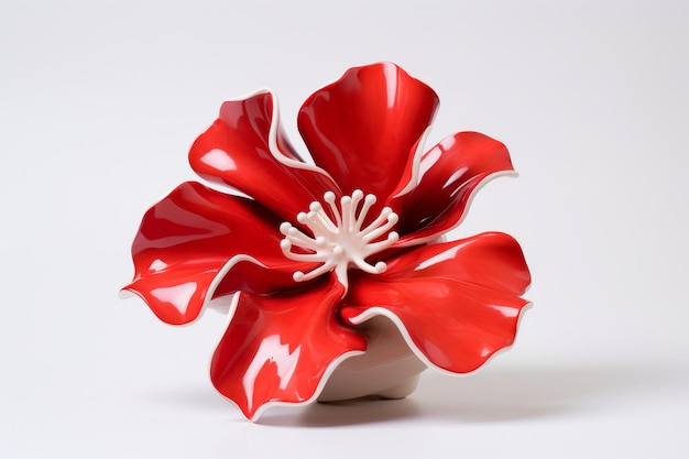 Una flor roja vibrante descansa elegantemente en la parte superior de una mesa blanca prístina