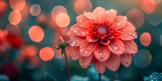 Una flor roja vibrante que brilla con gotas de agua se destaca contra un fondo de luz bokeh suave que crea una atmósfera mágica
