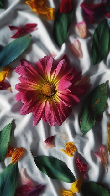 Una flor rosa y amarilla se encuentra sobre una sábana blanca.