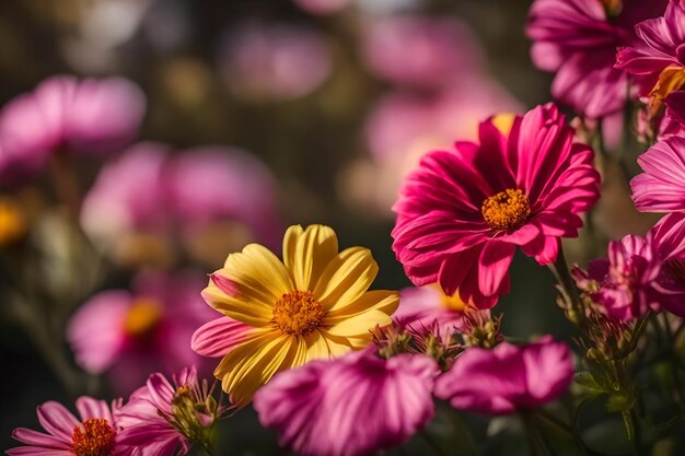 Una flor rosa y amarilla está en la esquina de una imagen