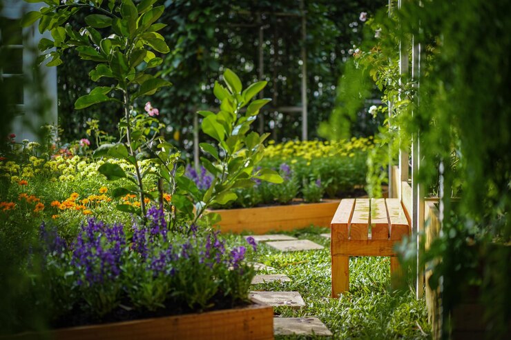 Flor rosa, amarilla, morada, crema en el jardín con efecto de luz solar para el fondo.