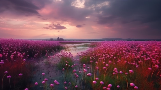 Flor rosa archivada con un hermoso cielo rosado AI generativa