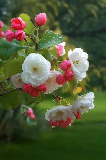 Una flor rosa y blanca con una baya roja en el centro.