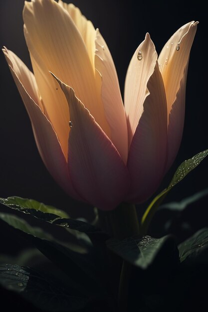 Una flor rosa y blanca con una hoja verde