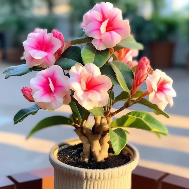 Una flor rosa y blanca en una maceta.