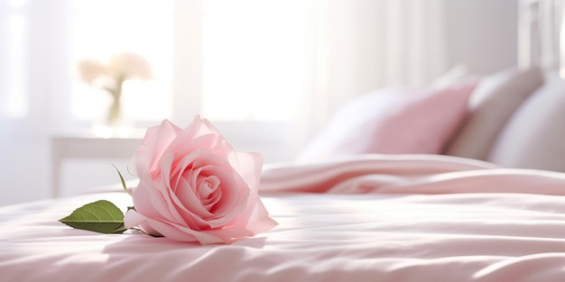 Flor de rosa en la cama dormitorio minimalista moderno ligero y acogedor IA generativa