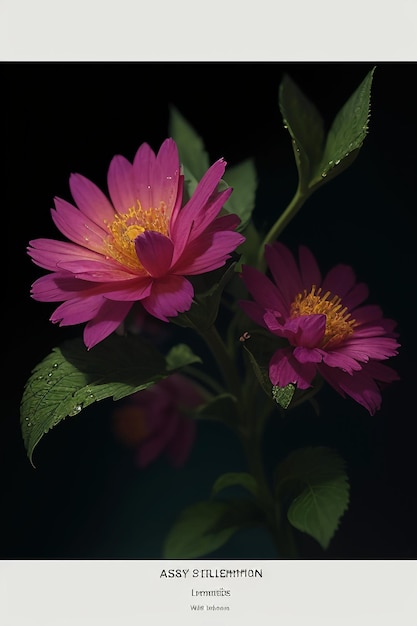 Una flor rosa con un centro amarillo y una hoja verde.