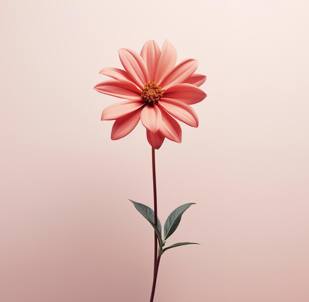 una flor rosa con un centro amarillo y una hoja verde.