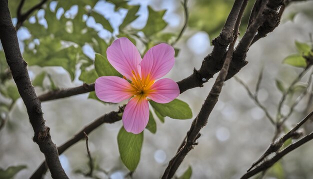 una flor rosa con centro amarillo se sienta en una rama