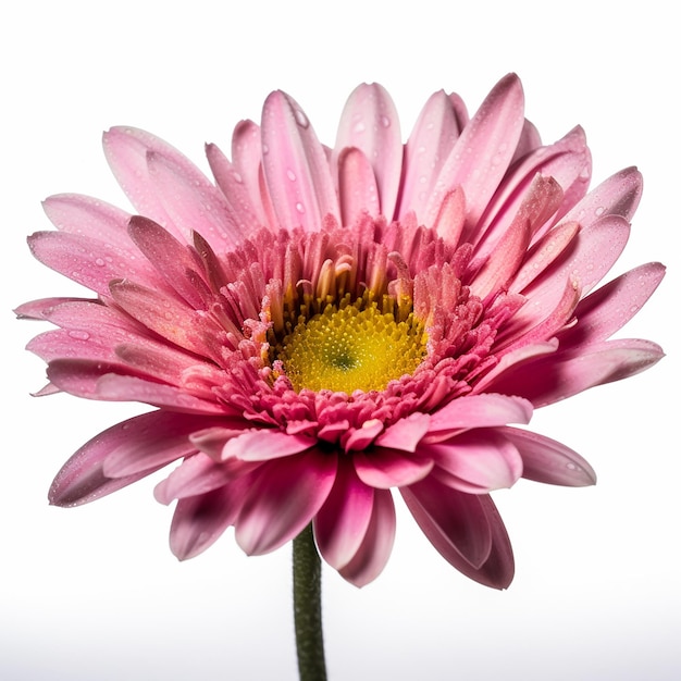 Una flor rosa con centro amarillo y tallo verde.