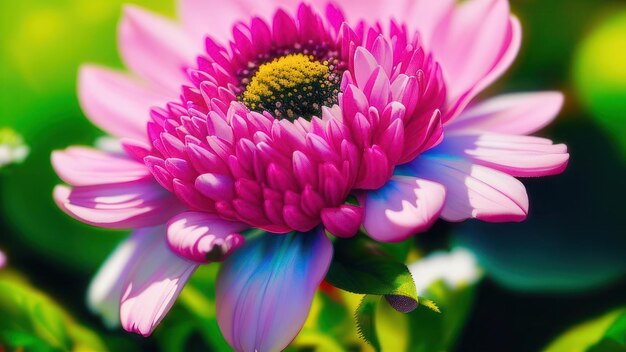 Una flor rosa con un centro azul y un centro amarillo.