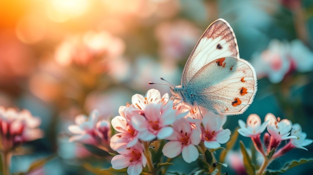 La flor rosa de una cereza oriental y la mariposa