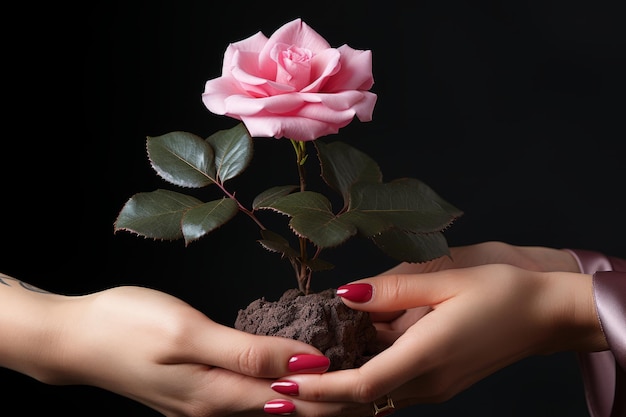 flor rosa con una cinta rosa en manos de una mujer