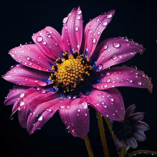 Flor rosa com gotas de água isoladas em fundo preto Flores em flor um símbolo da primavera nova vida