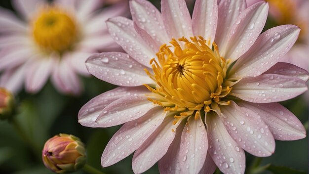 Flor rosa com pétalas cobertas de orvalho a florescer