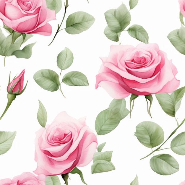 Flor rosa cor de água sem costura com padrão de folha no fundo branco