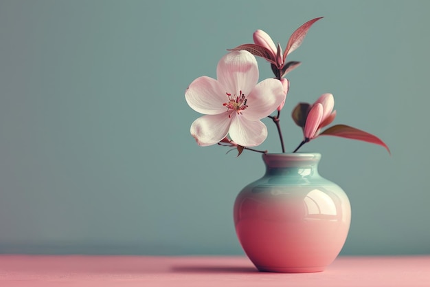 Flor rosa elegante em um vaso de cerâmica em um fundo pastel