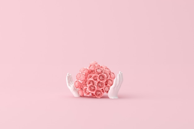 flor rosa em escultura de mãos humanas, renderização em 3d.